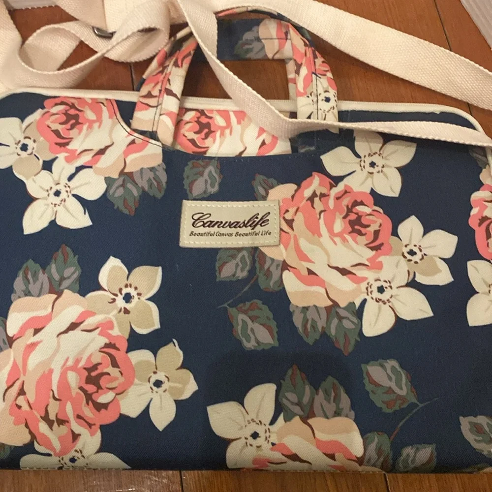Canvaslife  white rose floral laptop shoulder messenger bag case 14.5x 10”